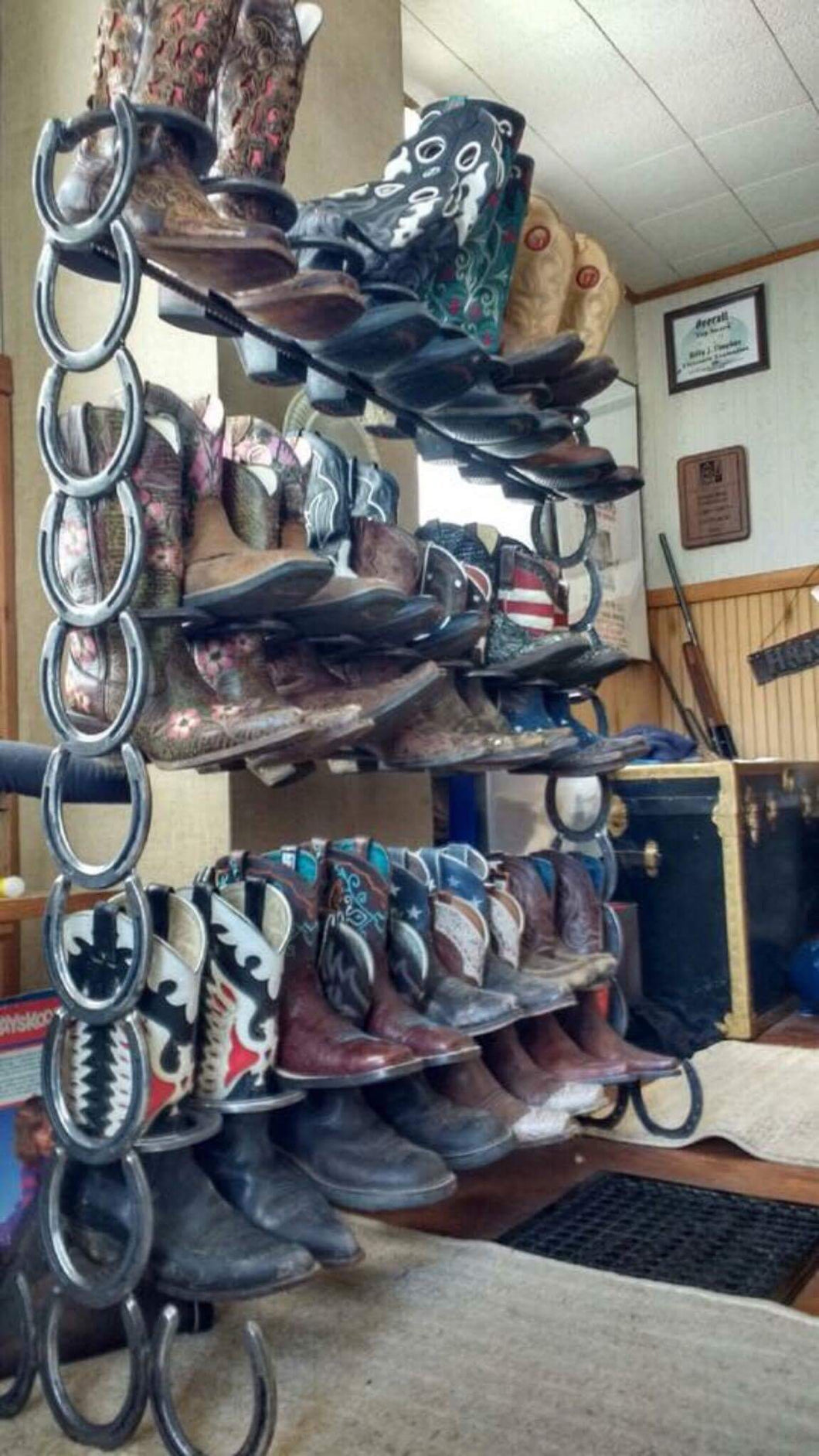 Cowboy Boot Rack Ideas, Tata Harper's rustic homemade shoe storage.  Genius!