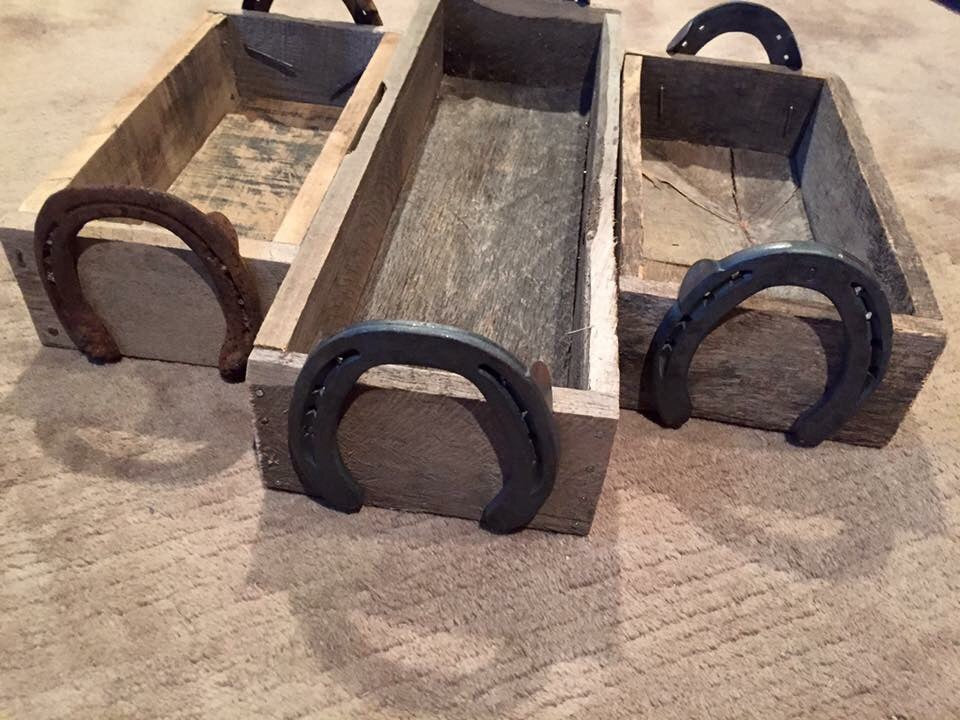 Reclaimed wood boxes with horseshoe handles